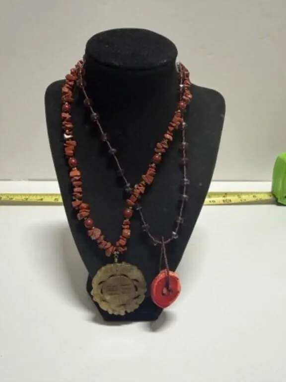 Purple Bead Necklace Red Coral? Slice Pendant, Red