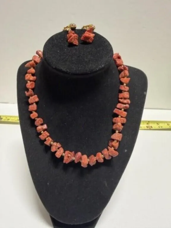70's Polished Red Sponge Coral Chips Necklace & Ea