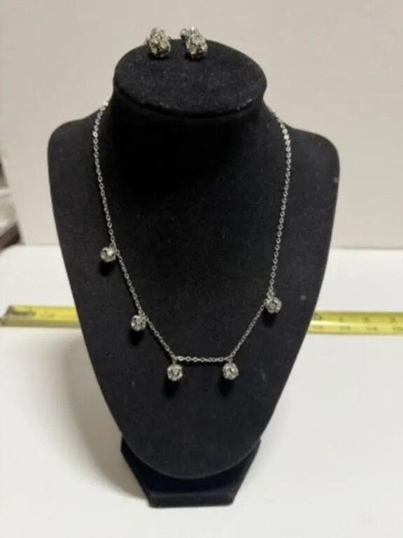 Silvertone Rhinestone Pave Ball Necklace & earring