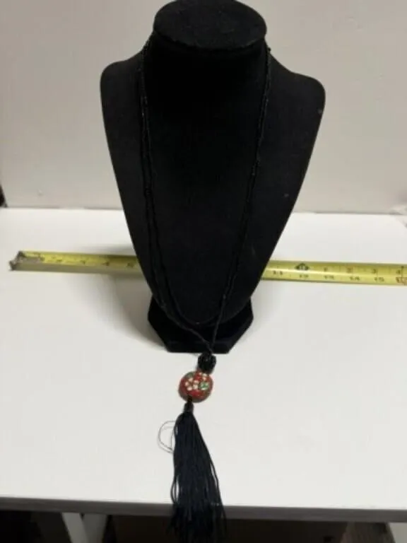 46" Black Bead Necklace w/cloisonne Pendant black