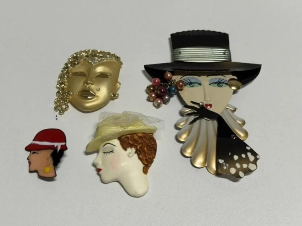 4 Lady Head Brooches-80's -Largest Kitsch Madame