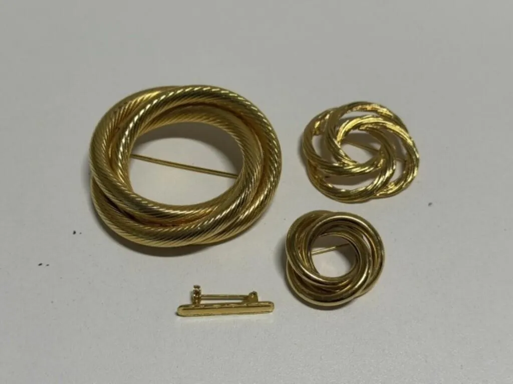 3 Gold tone Circle Brooches, 1 tiny Bar Brooch