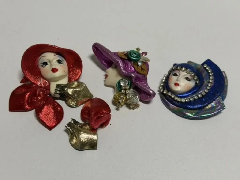 3 Art Deco Revival Lady Face Brooches-1980s Faces