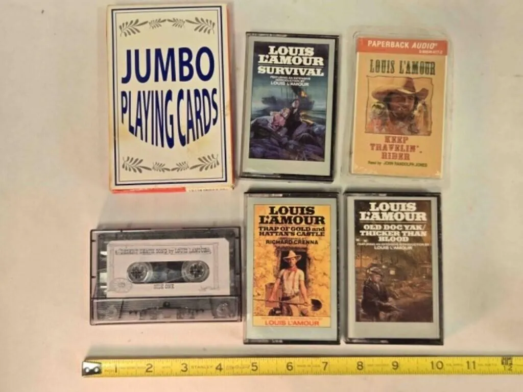 5 Louis L'Amour audiocassette books; Playing cards