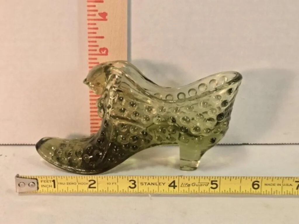 Hobnail green glass slipper, 6" long