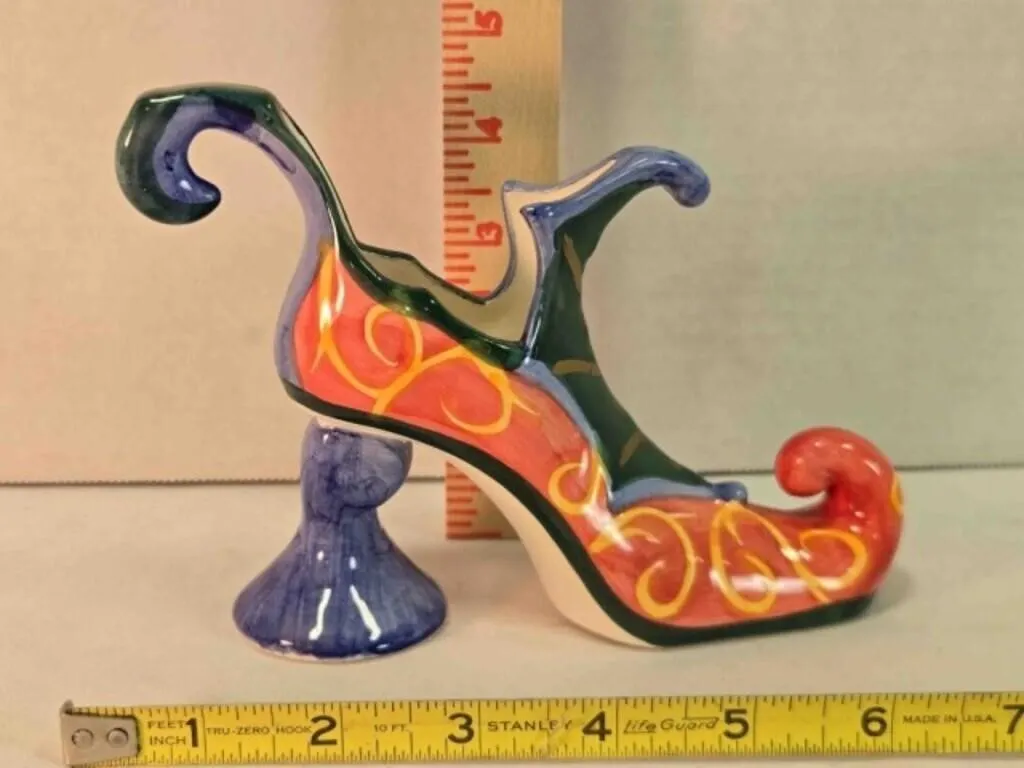 Ceramic elf shoe, hand-painted, 5" tall