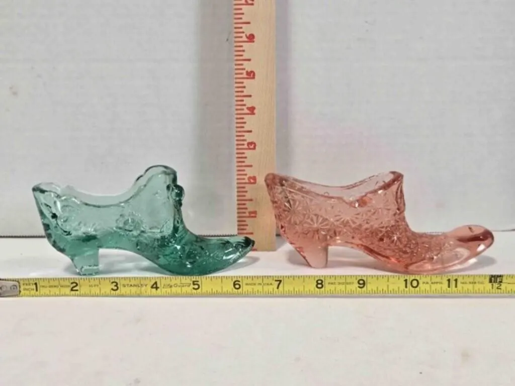 2 pressed glass slippers, pink & green, 2" tall