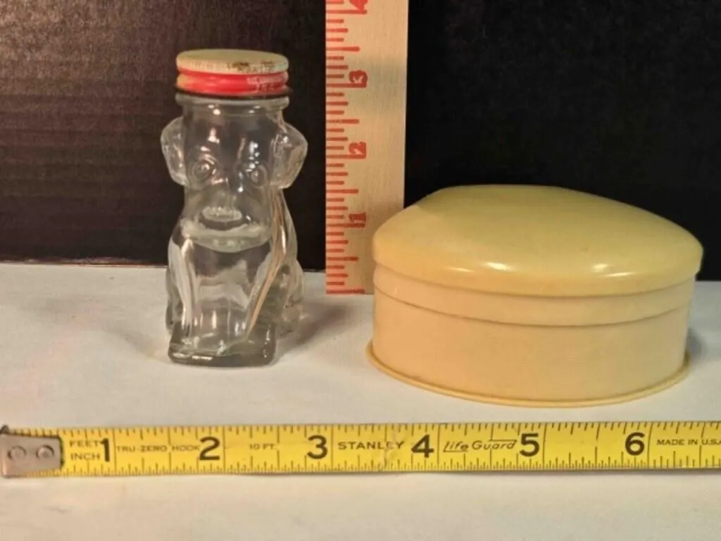 Vintage jewelry box & clear glass puppy jar