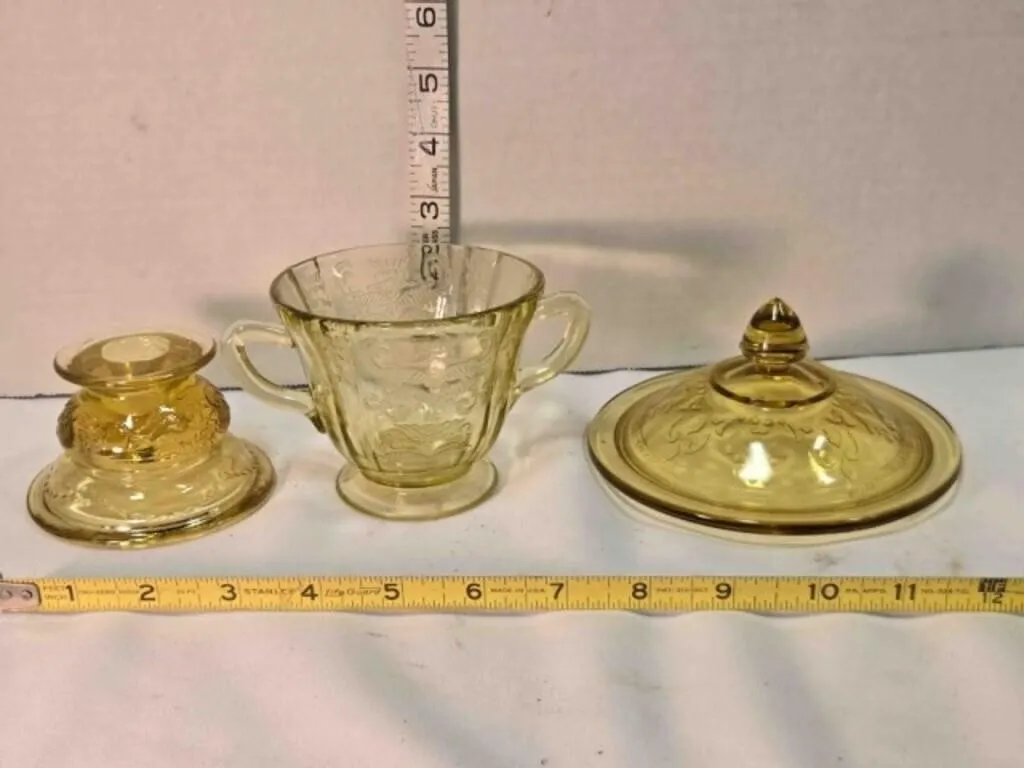 Depression glass, candle holder, lid, creamer