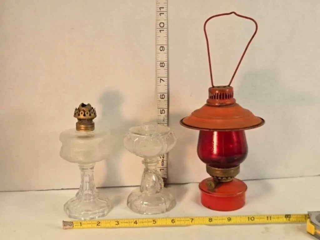 3 oil lamps, 6", 6", 5" tall