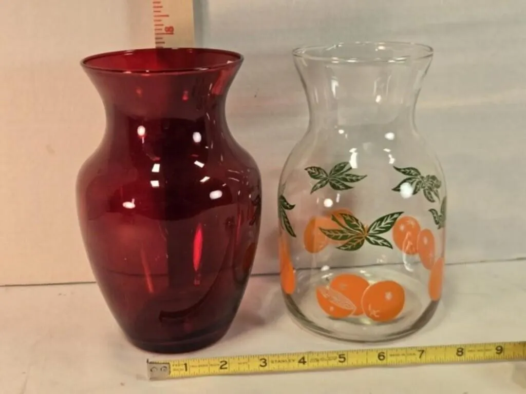 Orange juice carafe & ruby red flower vase