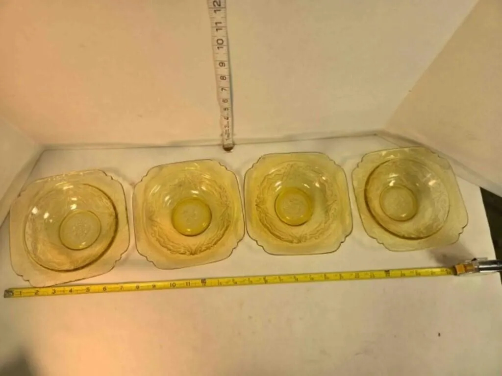 4 Depression glass square saucers, Madrid pattern