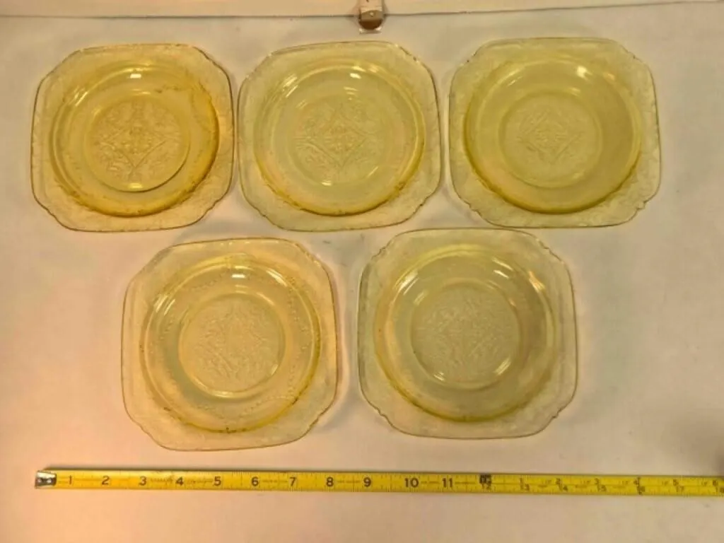 5 Depression glass square saucers, Madrid pattern