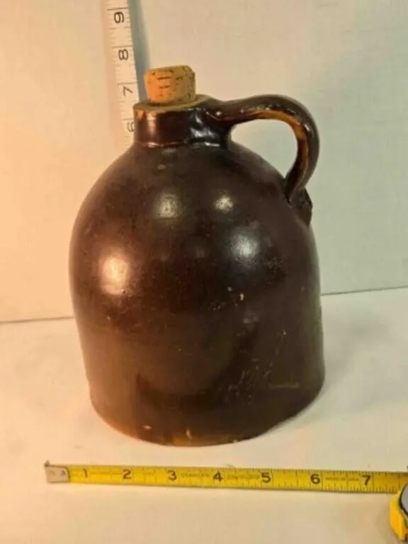 Brown crockery jug w/cork stopper, 7�" tall