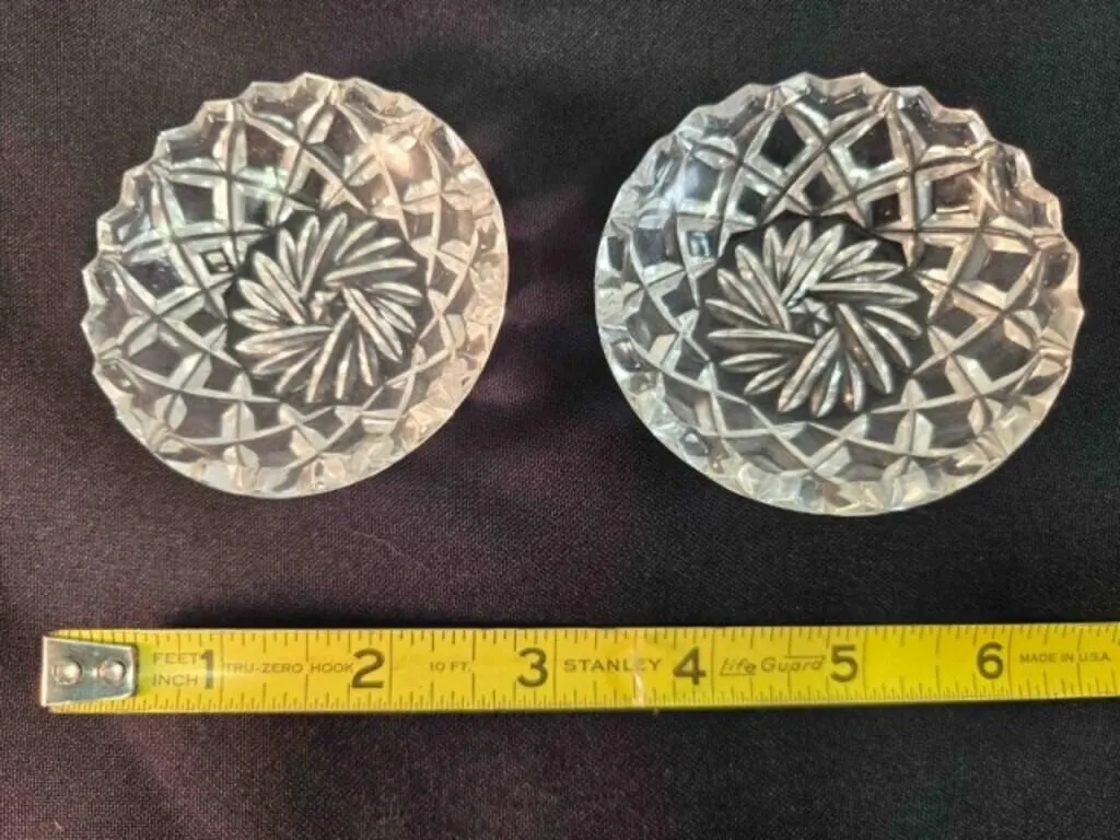 2 cut glass trinket trays, 2�" across