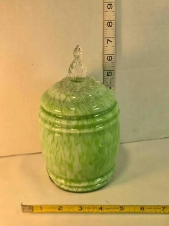 Green & white spatter glass lidded jar