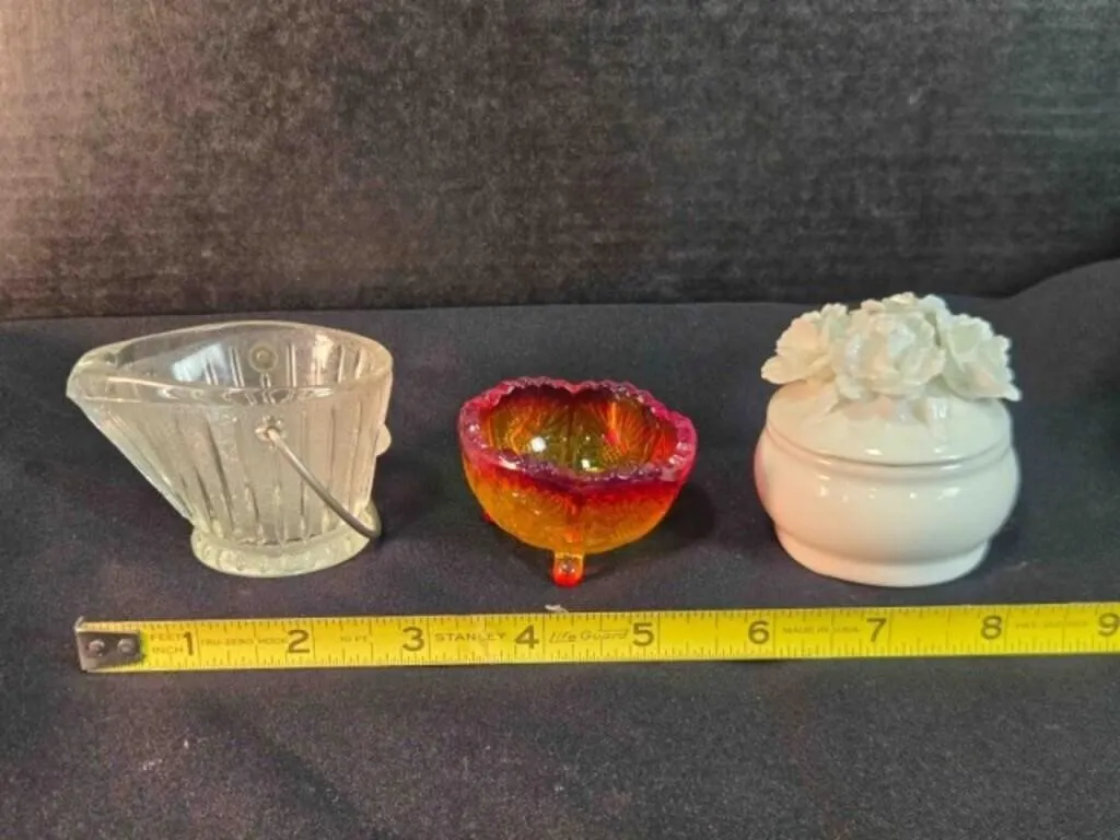 3 jars; mini glass coal bucket (2" tall)