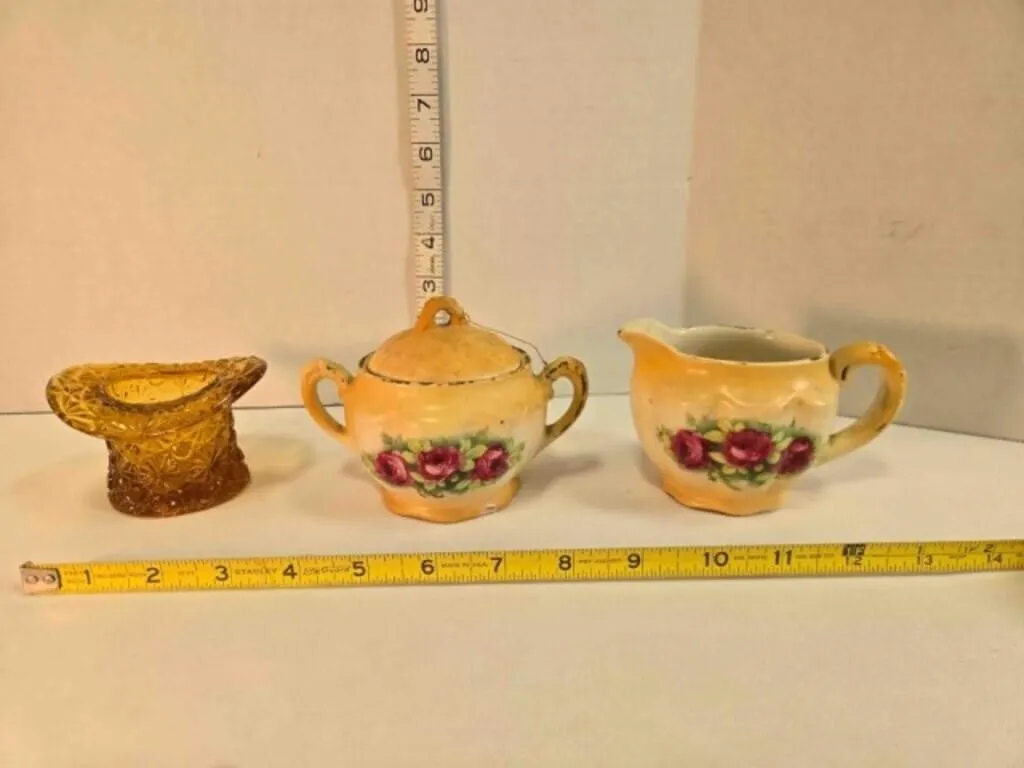 Ceramic creamer/sugar bowl, glass toothpick holder