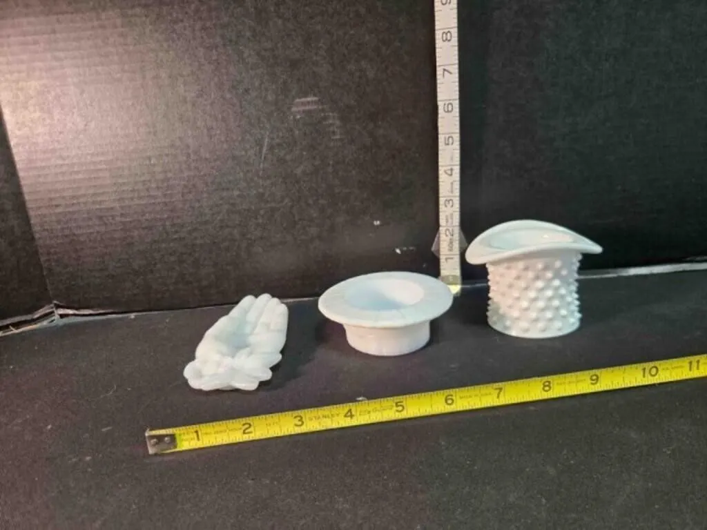 Milk glass hand tray, 2 hat toothpick holders