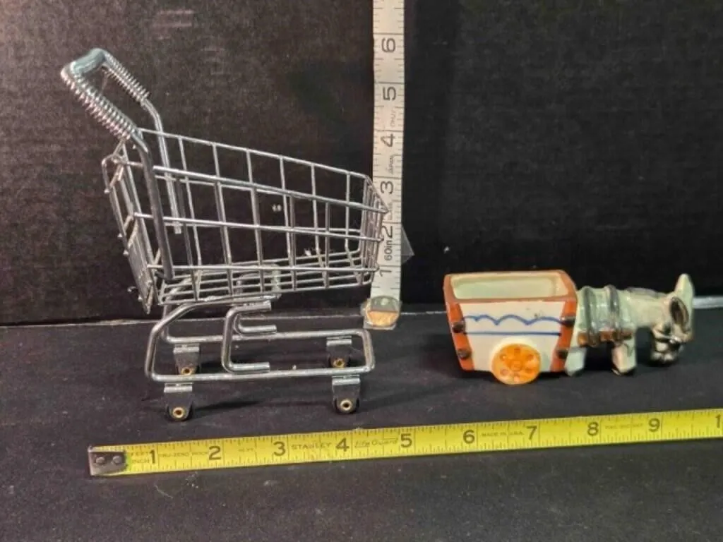 Miniature shopping cart replica & donkey & cart