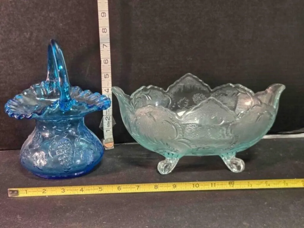 Clear footed bowl & blue glass fringed rim basket