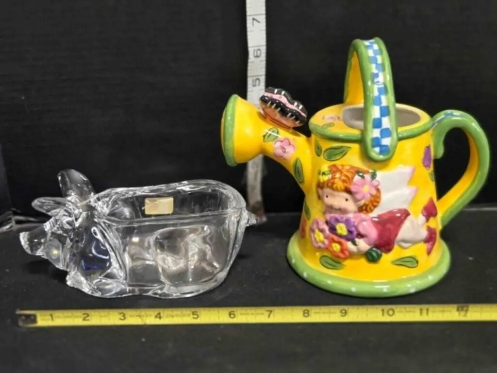 Whimsical pottery watering can & clear pig