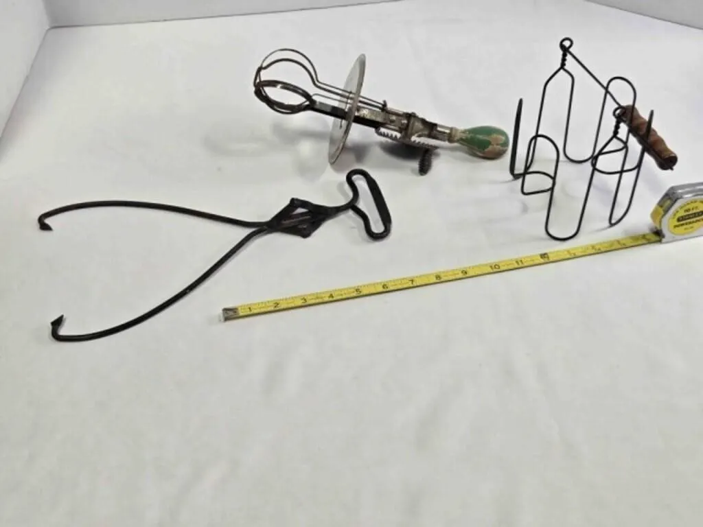 Vintage canning jar carrier, beater, ice tongs