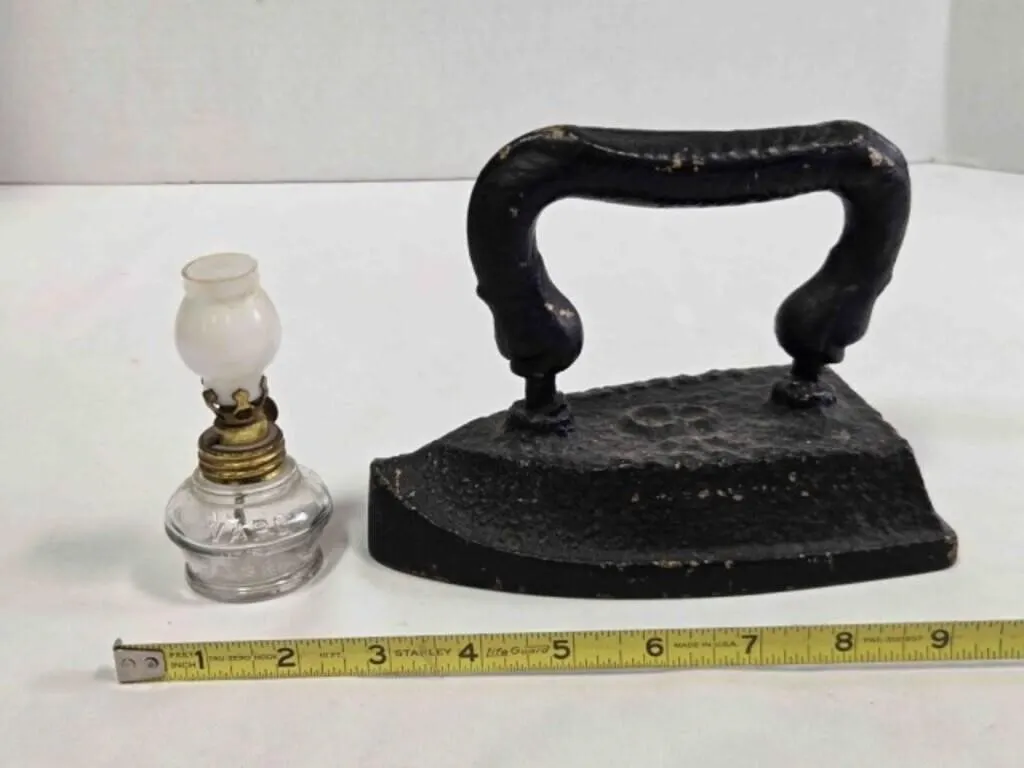 Vintage flat iron & miniature oil lantern