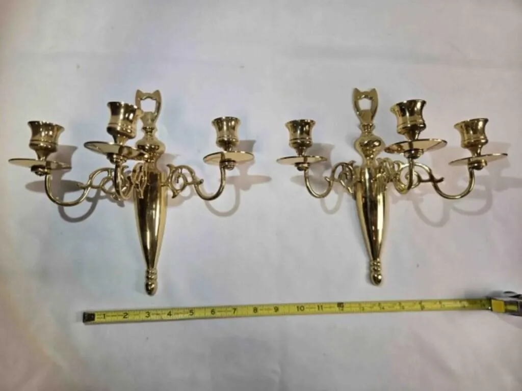2 brass wall sconce candle holders, 3 holders each