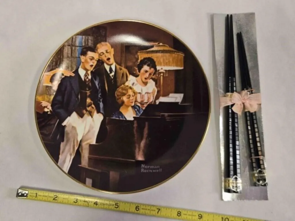 Norman Rockwell collector plate, chopstick set