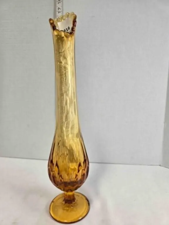 Amber swung glass pedestal vase, 15" tall