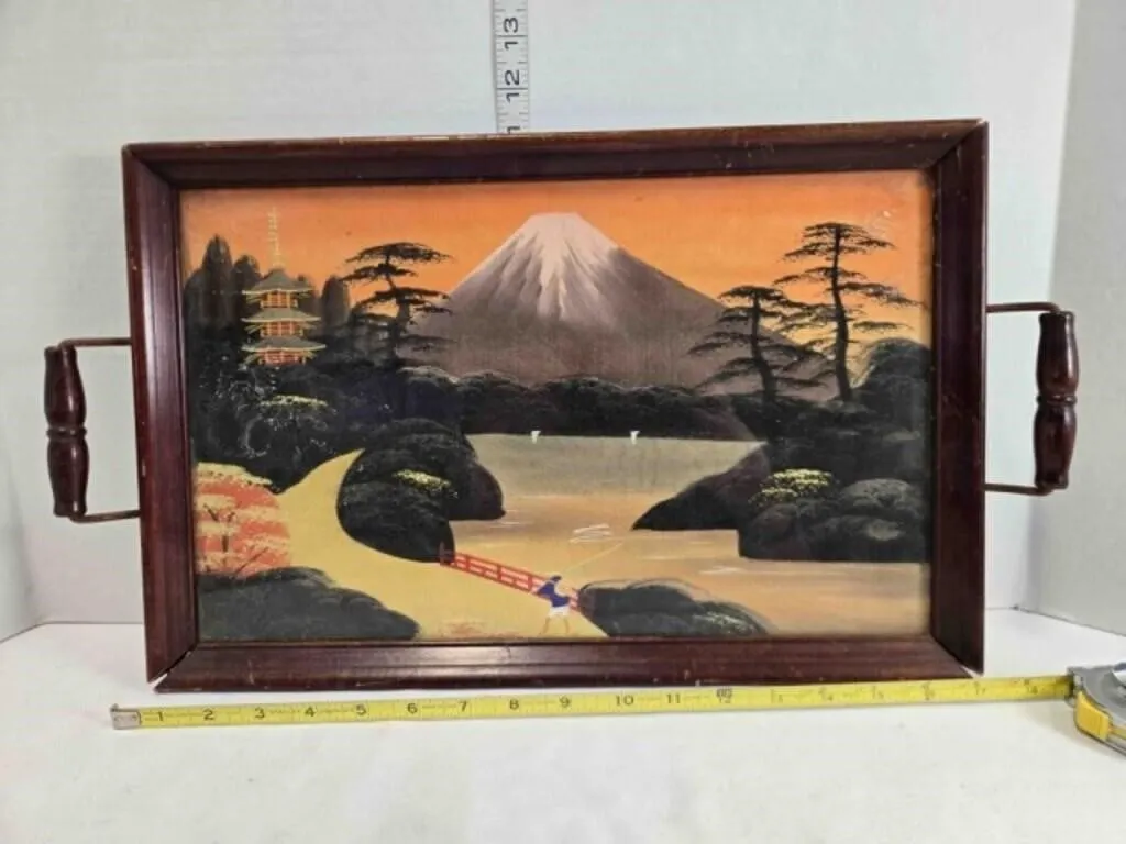 Serving tray, Japanese scene & glass