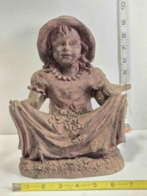 Sitting girl & bird statue, 9" tall
