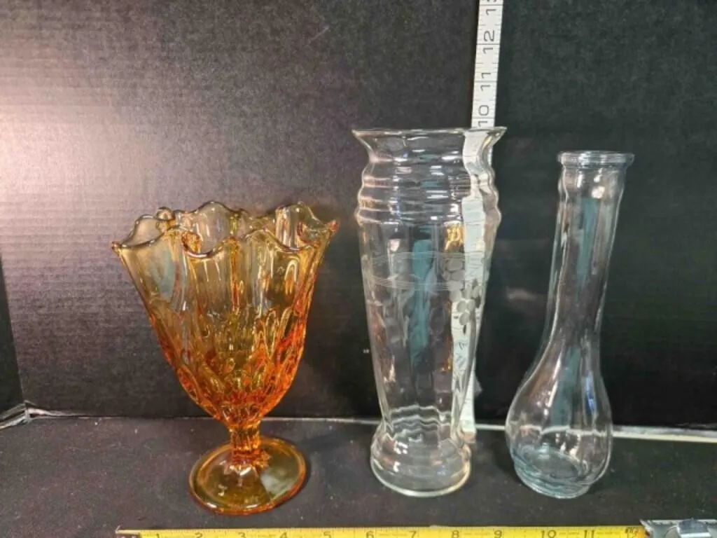 Clear etched glass vase, stem vase, amber vase