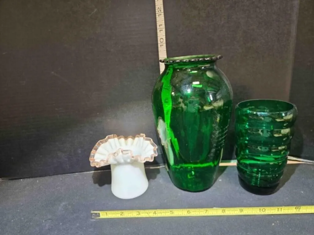 Milk glass vase, green glass vase, green tumbler