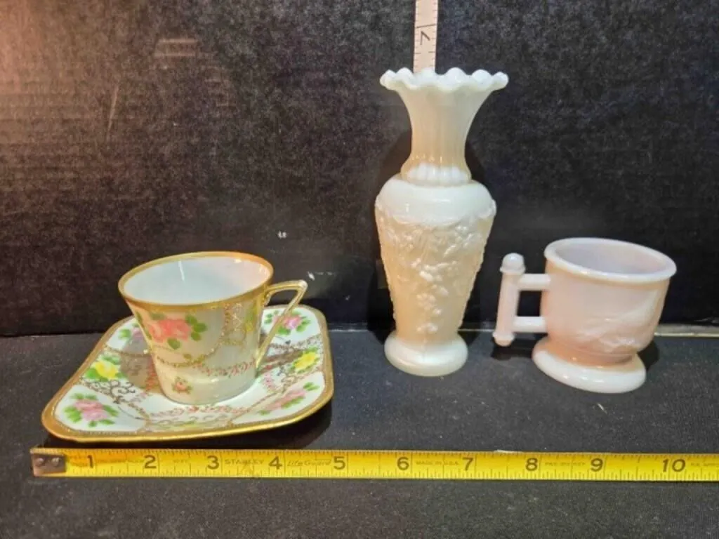 Hand-painted China cup & saucer, vase, cup