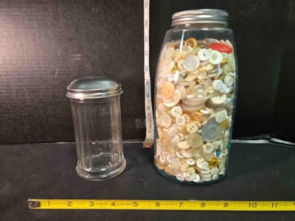 Jar of buttons, 9" tall; Sugar pitcher