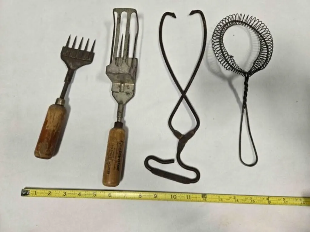 2 vintage ice picks, ice tongs, wire whisk