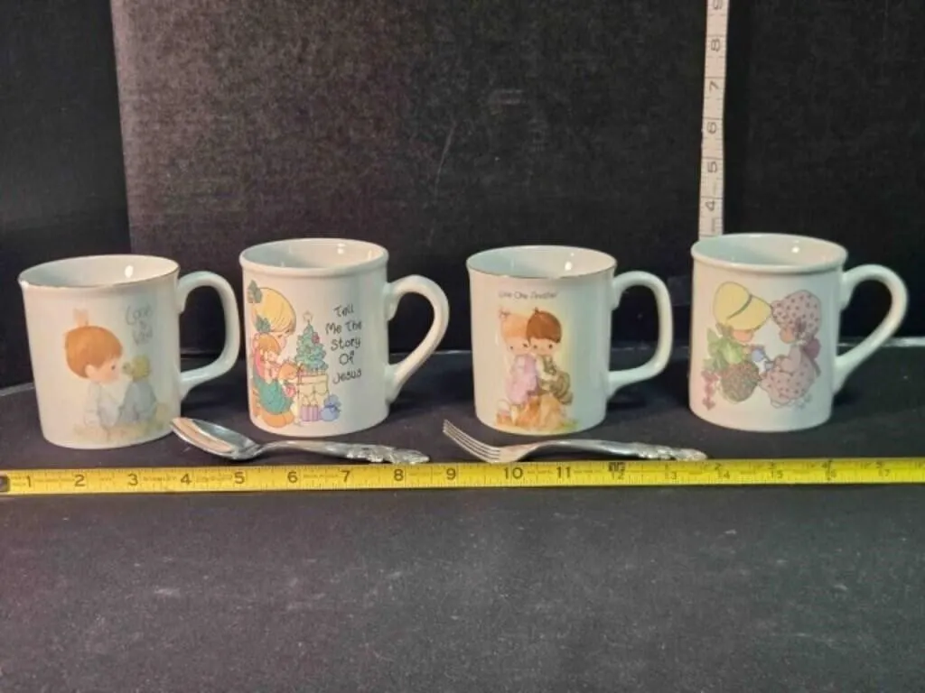 4 Precious Moments cups, spoon & fork