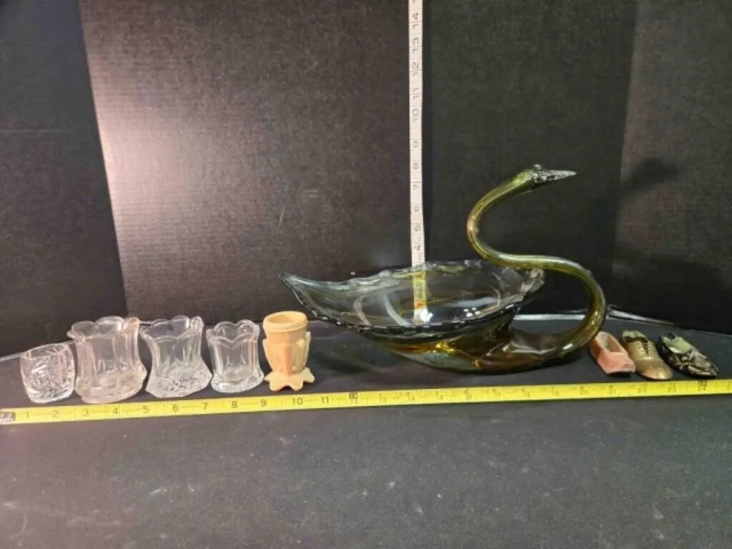 Blown glass swan, 3 shoes, 5 shot glasses