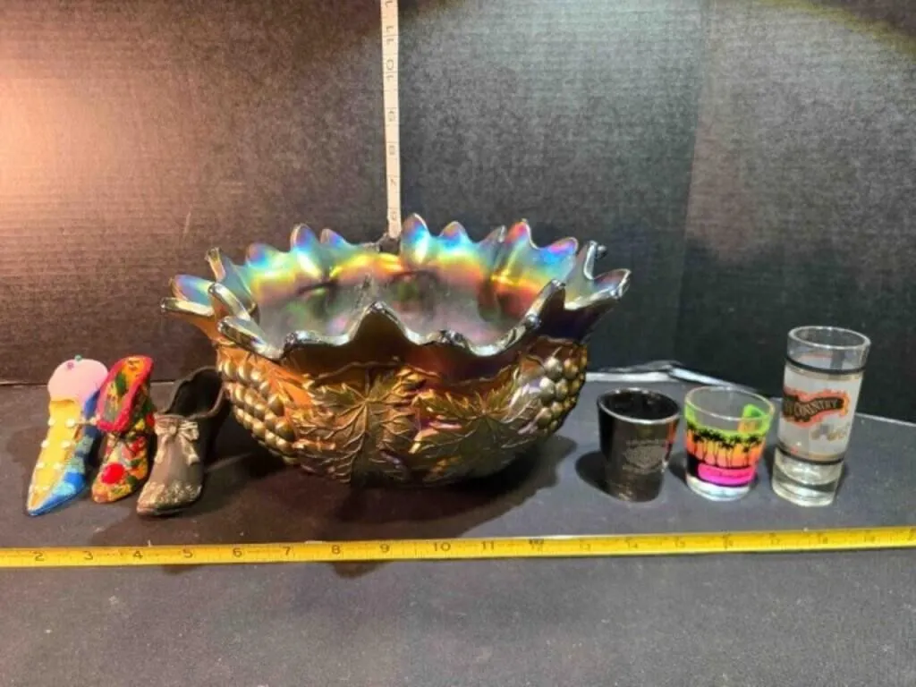 Carnival glass bowl, 3 shoes, 3 shot glasses