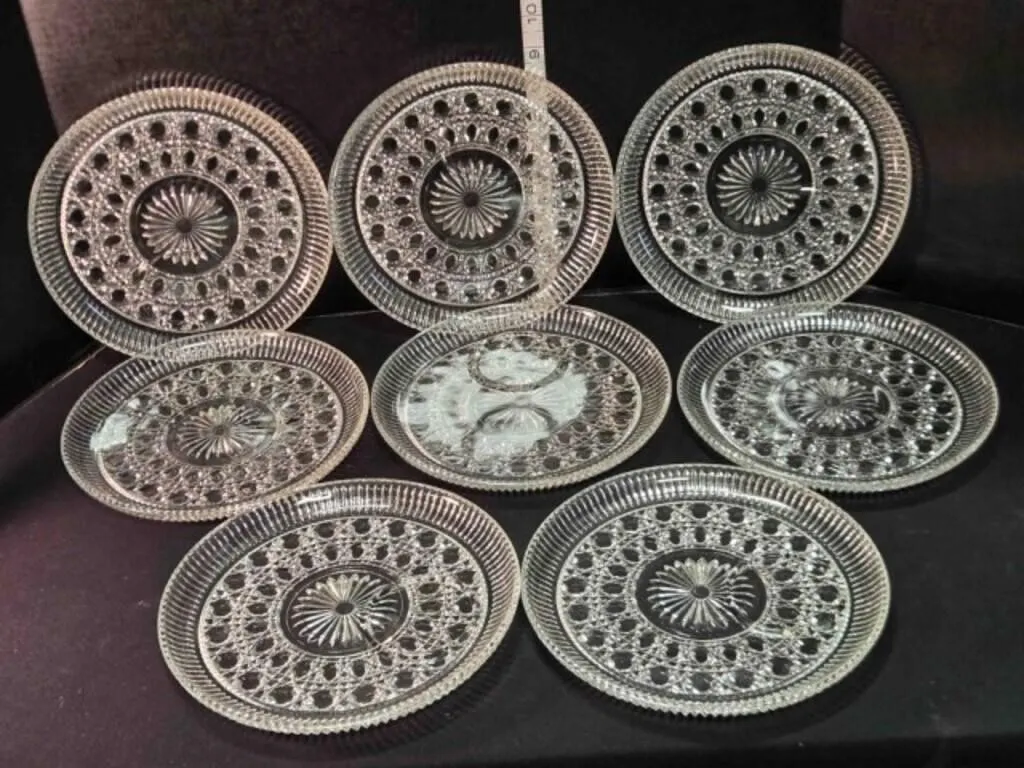 8 pressed glass snack plates w/glass holder