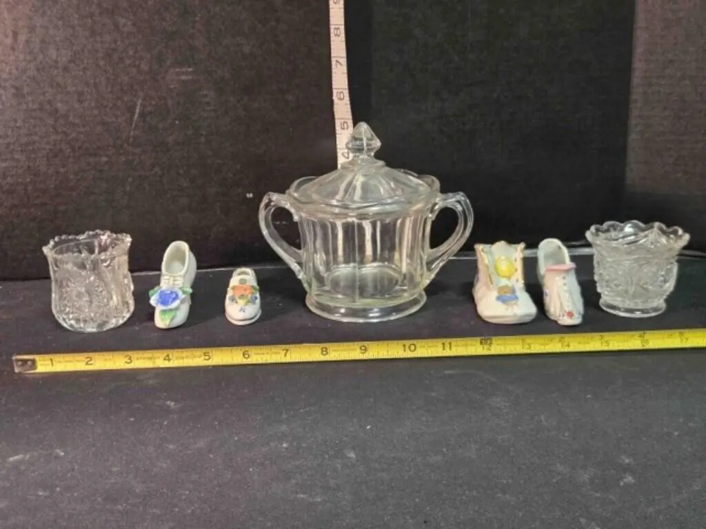 Pressed glass jar w/lid, 2 cut glasses, 4 shoes