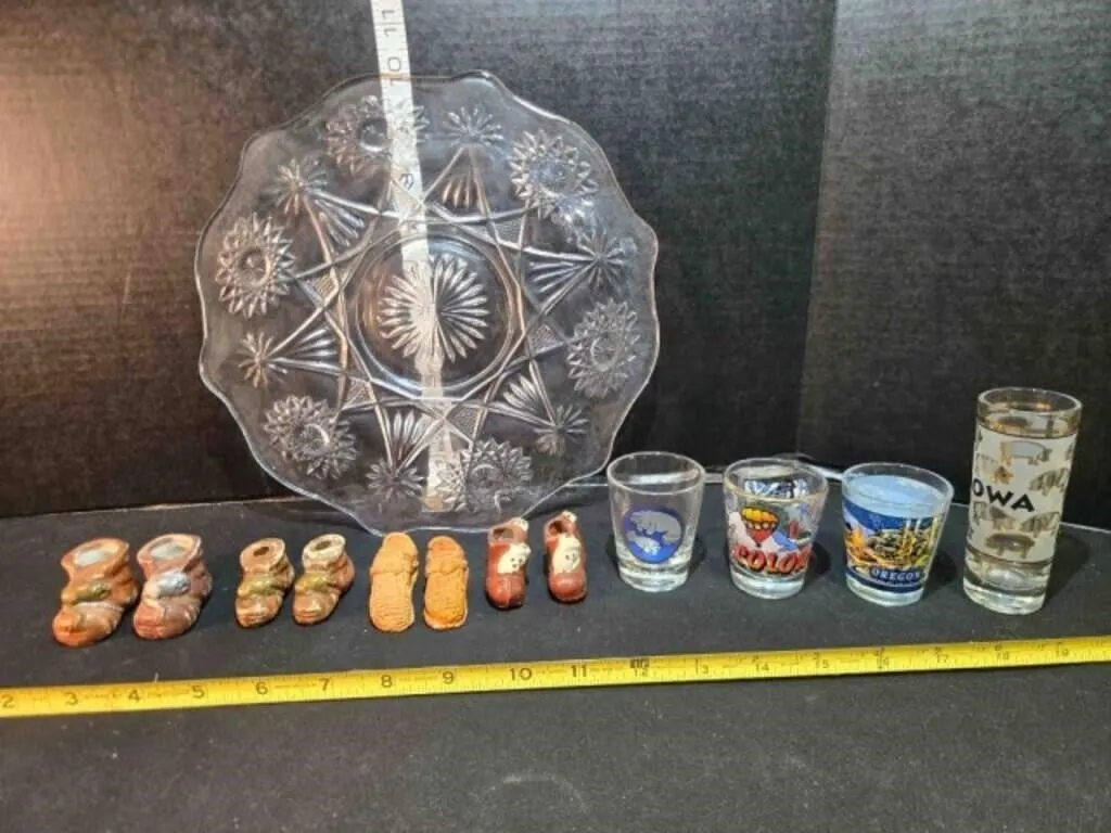 Glass pedestal platter, 4 pair shoes, shot glasses