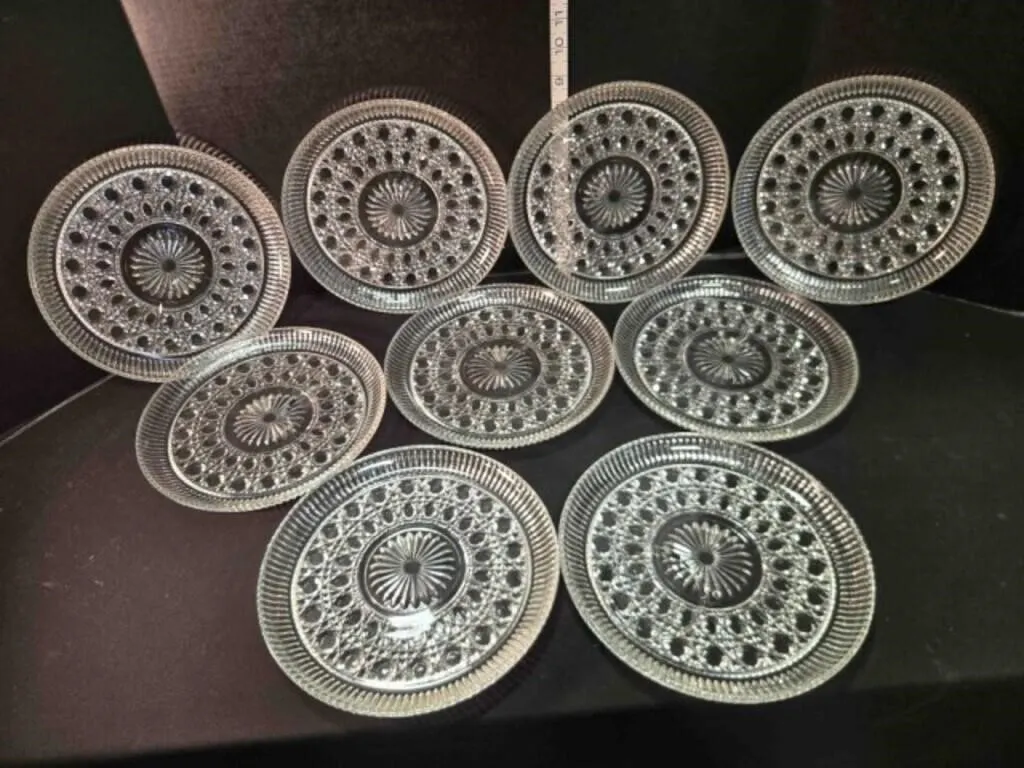 9 pressed glass snack plates, 8 w/glass holder