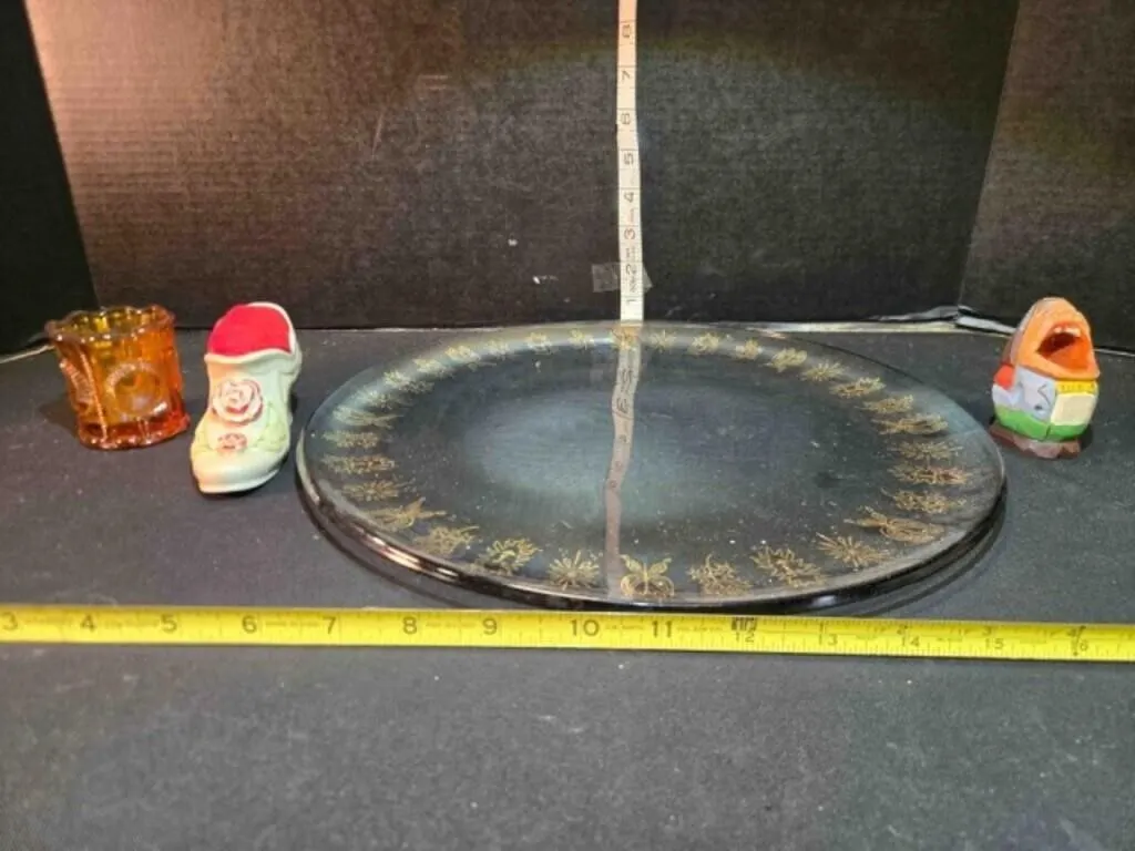 Platter, glass, pin cushion shoe, toothpick holder