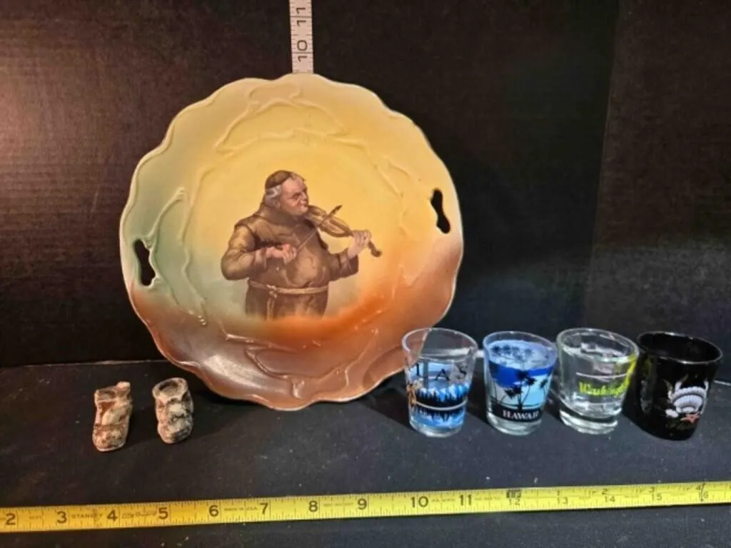 China plate, shoes, 4 state shot glasses