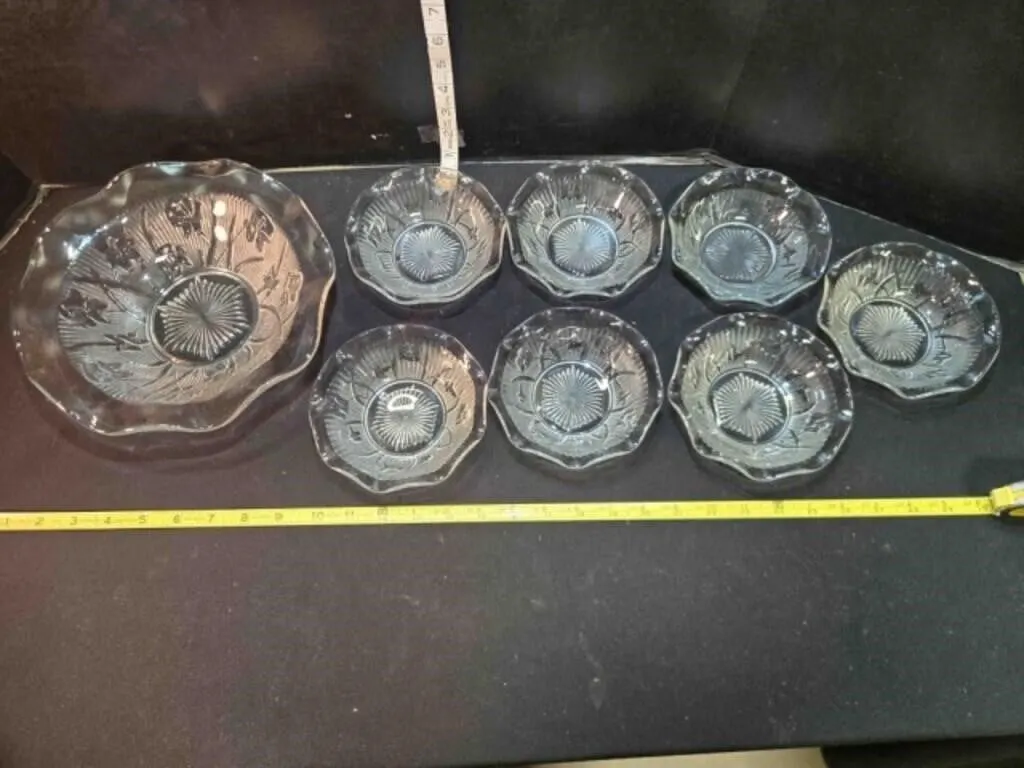 Glass Bowl & 7 dishes, Iris & Herringbone pattern