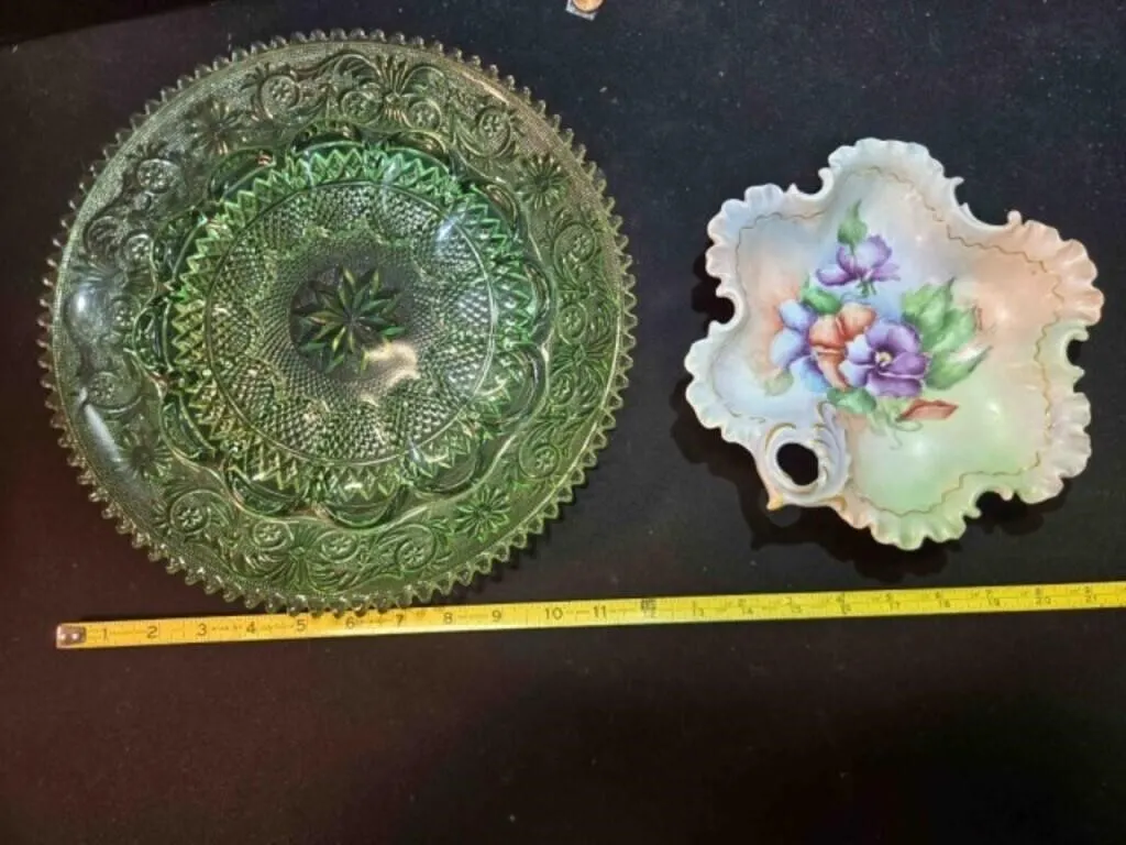 Green glass egg tray (12"), Candy dish (8") across