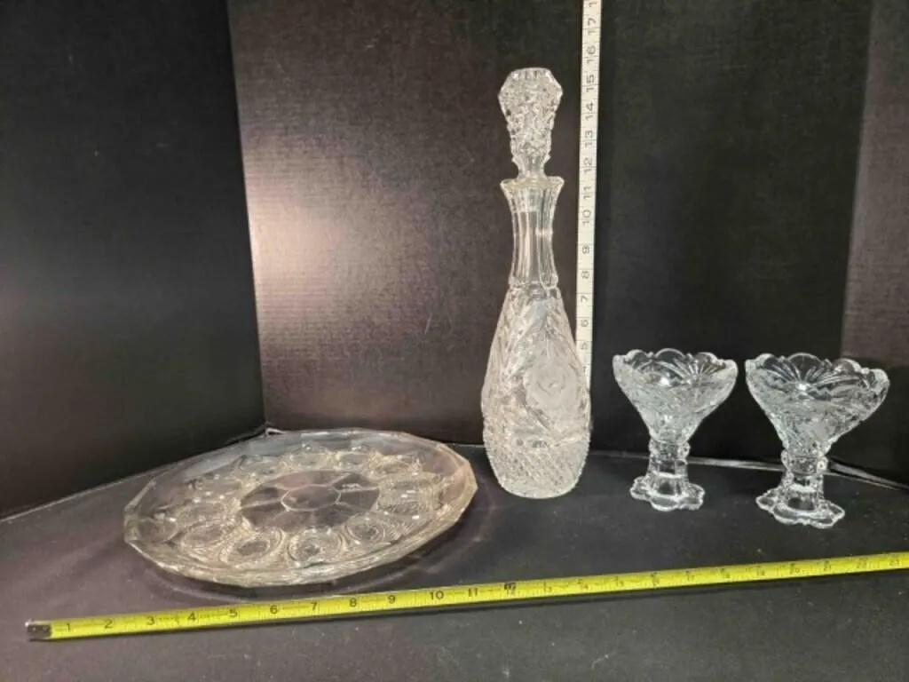 Egg & relish tray, 2 glass sherbet glasses, cruet